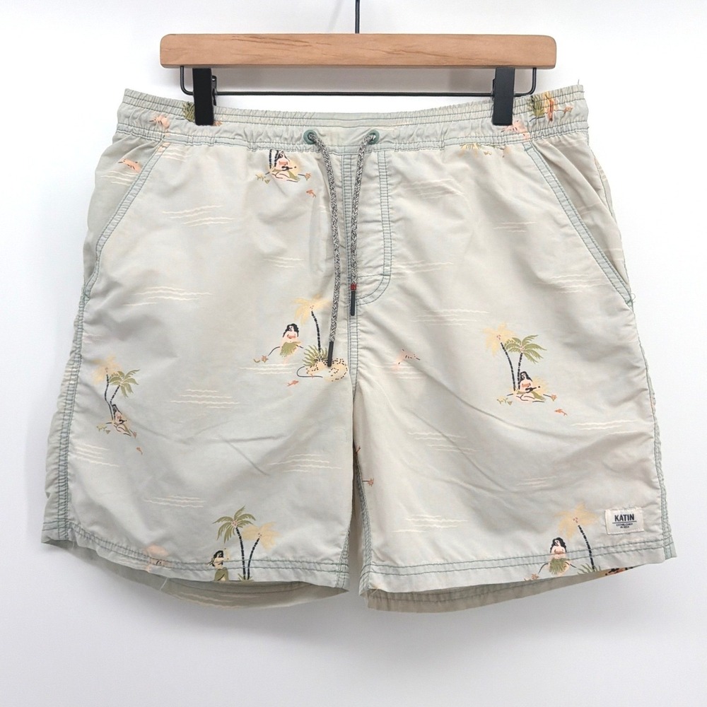 Katin Swim Trunks Mens M Green Hula Girl Mesh Lined Pocket Surf Beachwear Shorts